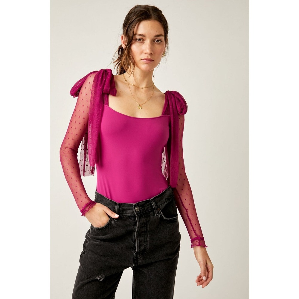 Free People Tongue Tied Bodysuit Mesh‎ Sz S Small Fuschia Festival NEW NWT